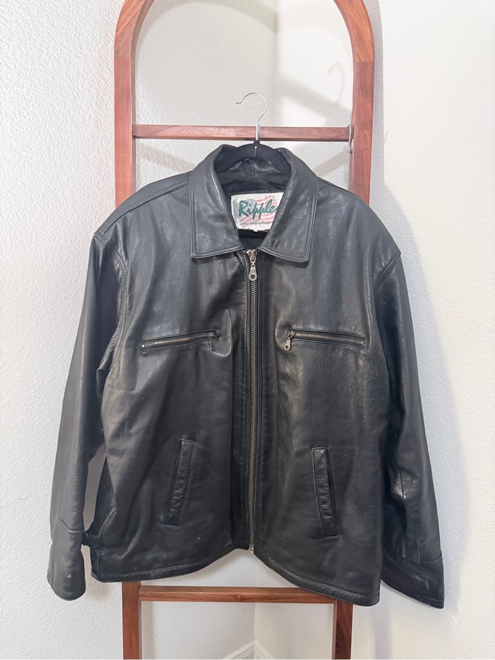 Ripples Vintage Black Leather Bomber Jacket with Zip Chest Pockets